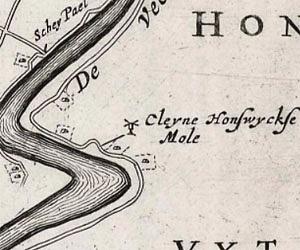 Molen 15480 Honswijkerpolder, Cleyne Honswyckse Mole (Weesp), kaartfragment 1647 J.J. Dou, St. van Brouckhuijsen | Database Nederlandse molens media-bestand