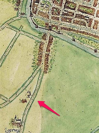 1, Molen 17424 (standerdmolen) (Alkmaar), Uitsnede stadskaart Jacob van Deventer, 1558-1575 | Database Nederlandse molens media-bestand