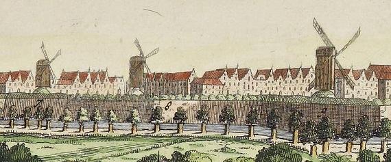 1, Molen 17450 De Hoop (2e) (Amsterdam), Johannes de Ram, 1661-1698, detail. 7: Weeteringsbolwerk, 8: Reguliersbolwerk, 9: Ouwerkerkxbolwerk | Database Nederlandse molens media-bestand