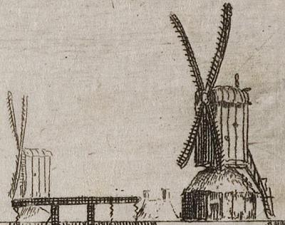 2, Molen 17450 De Hoop (2e) (Amsterdam), Detail afbeelding bij dbnr. 12532. Links De Hoop, rechts De Wetering | Database Nederlandse molens media-bestand