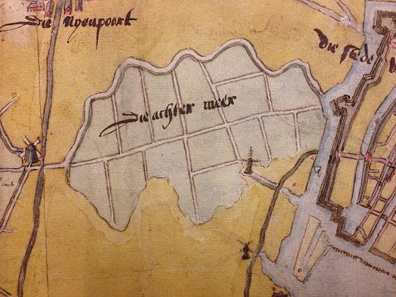 1, Molen 17457 Polder Achtermeer (1e) (Alkmaar), Detail kaart Louris Pietersz., ca. 1573 (N is rechts) | Database Nederlandse molens media-bestand