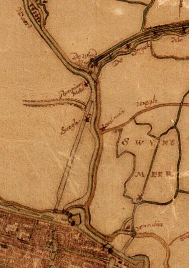 1, Molen 17651 Houtzaagmolen van Symon Hendriksz (Alkmaar), Detail kaart Joh. Dou, 1655 (beeldbank Westfries Archief) | Database Nederlandse molens media-bestand