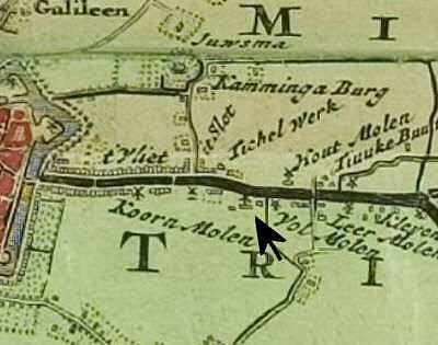 1, Molen 17016 De Vrijheid / De Boer / De Herstelling (Leeuwarden/ Ljouwert), Atlas van Schotanus (1718), kaartfragment gemeente Leeuwarderadeel | Database Nederlandse molens media-bestand