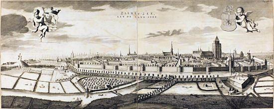 2, Molen 17053 molen achter de Zille (Zierikzee), Stadsgezicht uit het noorden, M. Smallegange, 1696 (linkse molen) | Database Nederlandse molens media-bestand