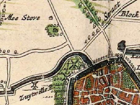 1, Molen 17056 Molen buiten de Zuidwellepoort (1) (Zierikzee), Detail kaart Joan Blaeu, 1664 (rechtse molen) | Database Nederlandse molens media-bestand