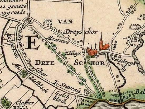 1, Molen 17068 Westmolen (Dreischor), Detail kaart Joan Blaeu, 1664 (links het Molenblok) | Database Nederlandse molens media-bestand