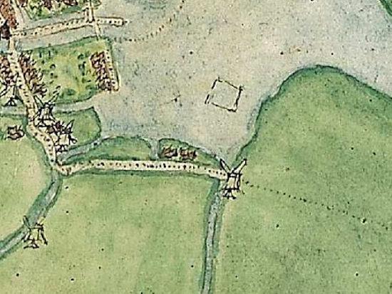 1, Molen 15657 (standerdmolen) (Alkmaar), Detail kaart Jacob van Deventer, ca. 1560, de centrale molen | Database Nederlandse molens media-bestand