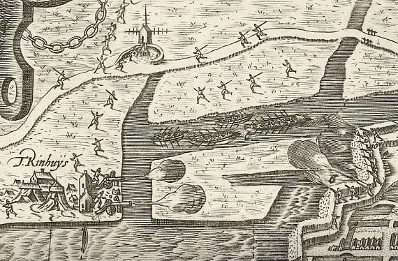 3, Molen 15657 (standerdmolen) (Alkmaar), overzicht zuidoostzijde Alkmaar gedurende het beleg, detail, vervaardigd na 1630, noorden onder | Database Nederlandse molens media-bestand