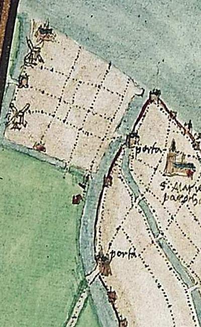 1, Molen 17413 (standerdmolen) (Kampen), deel kaart Kampen, van Jacob van Deventer, 1558-1575, het gaat om de zuidelijke molen | Database Nederlandse molens media-bestand